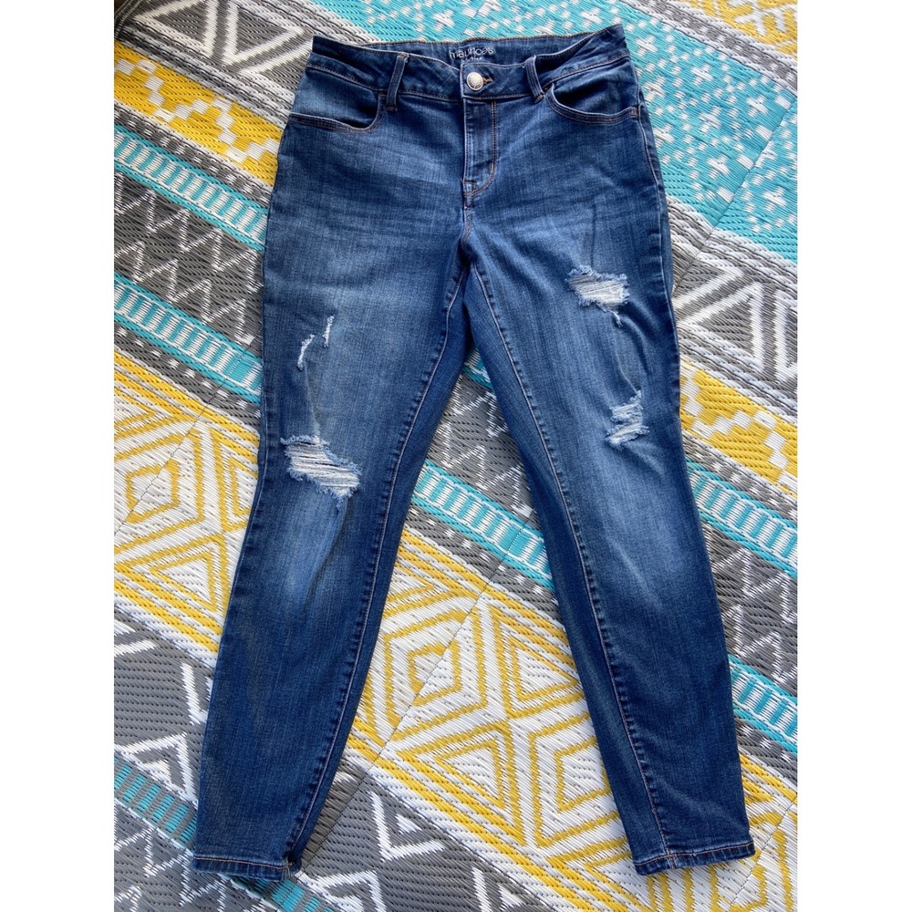 Maurices Mid Rise Distressed Skinny Jeans Medium Wash Blue Size M Short